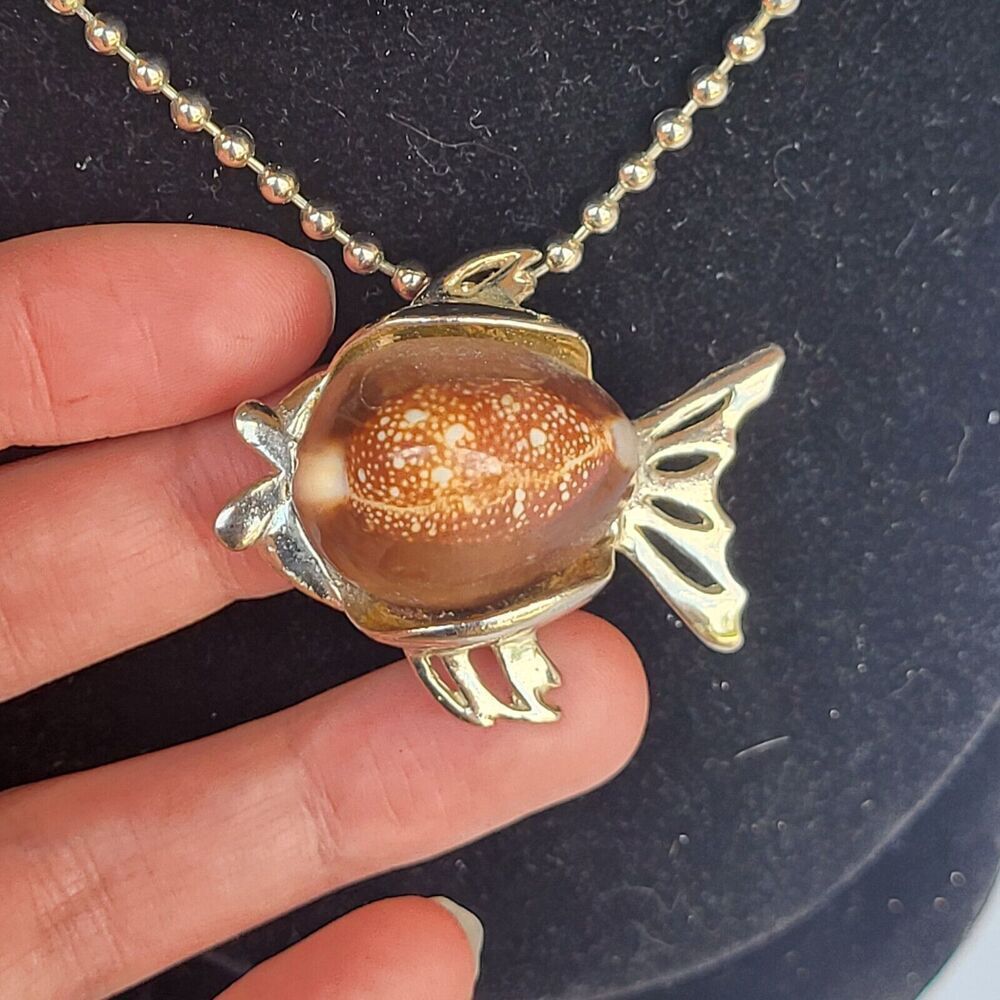 Florenza Signed Cowrie Shell Fish Pendant Necklace on Ball Bead Chain - 25"